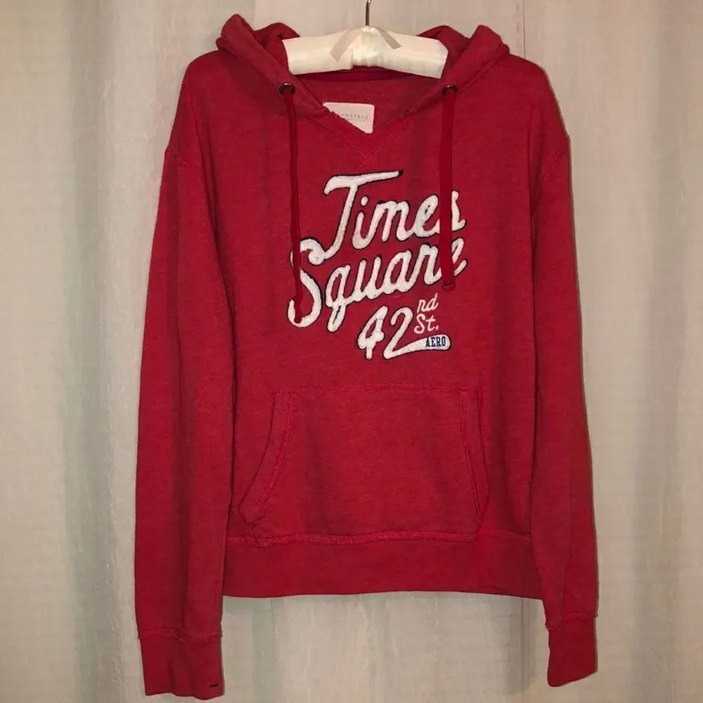 Aero L Red Times Square 42nd St Front Kangaroo Pocket Cotton Blend Hoodie